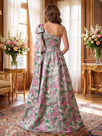 One-Shoulder Floral Jacquard A-Line Gown with Bow