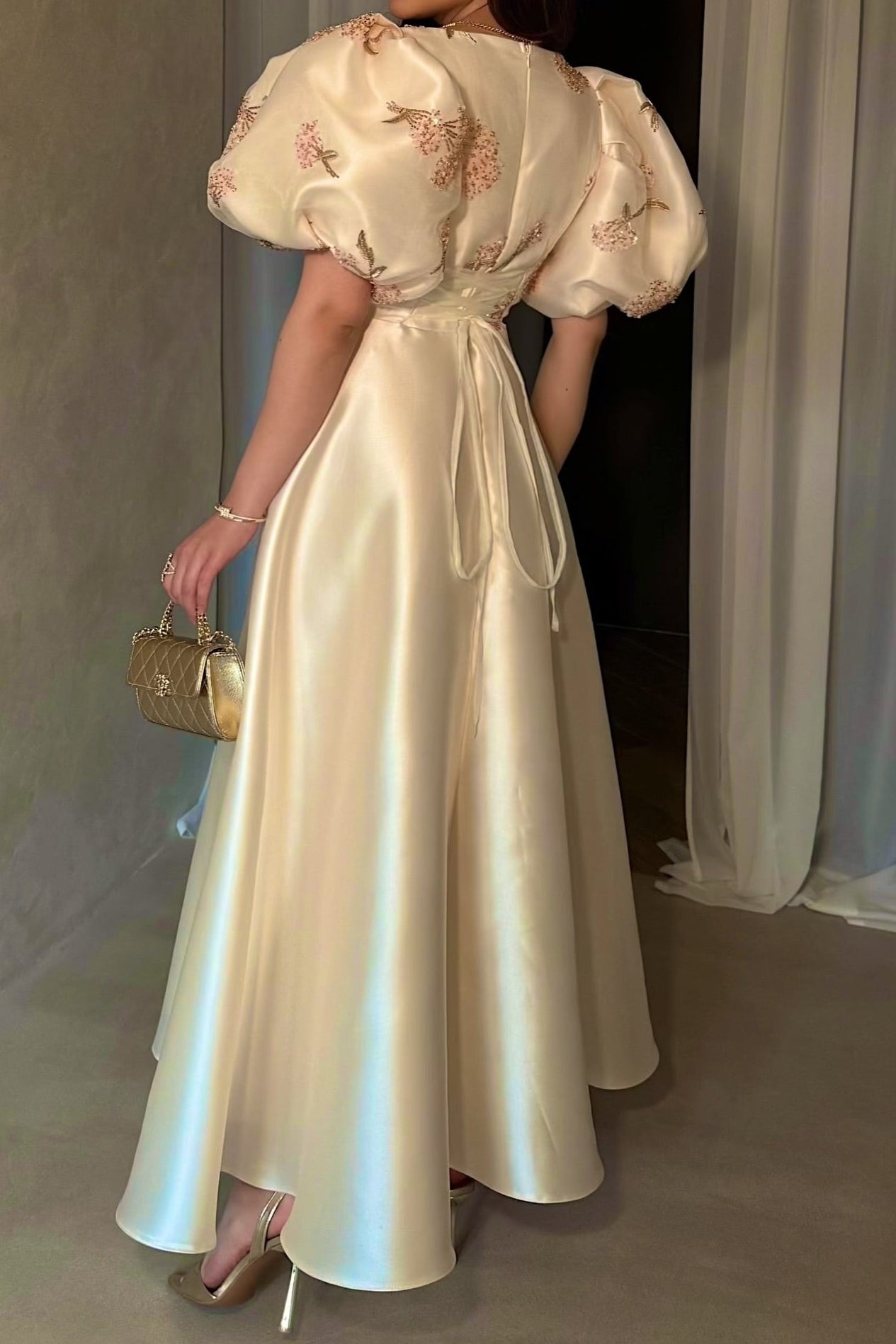 Embroidered Satin A-Line Evening Gown with Puff Sleeves