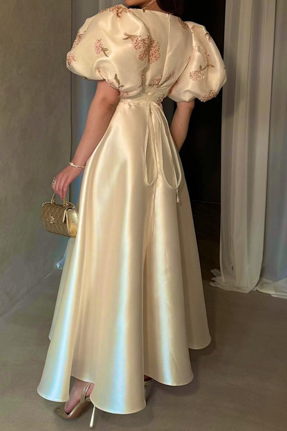 Embroidered Satin A-Line Evening Gown with Puff Sleeves