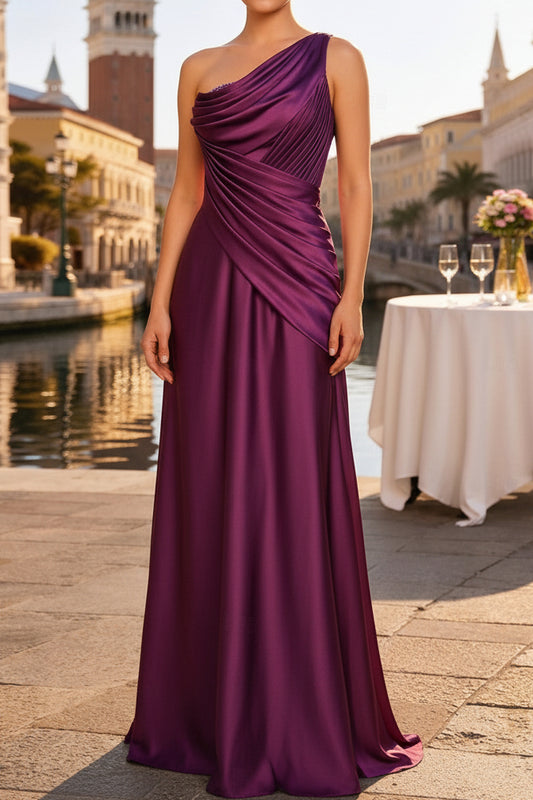 One Shoulder Pleated Satin Evening Gown