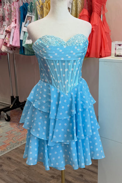 Polka Dot Corset Mini Dress with Tiered Ruffle Skirt