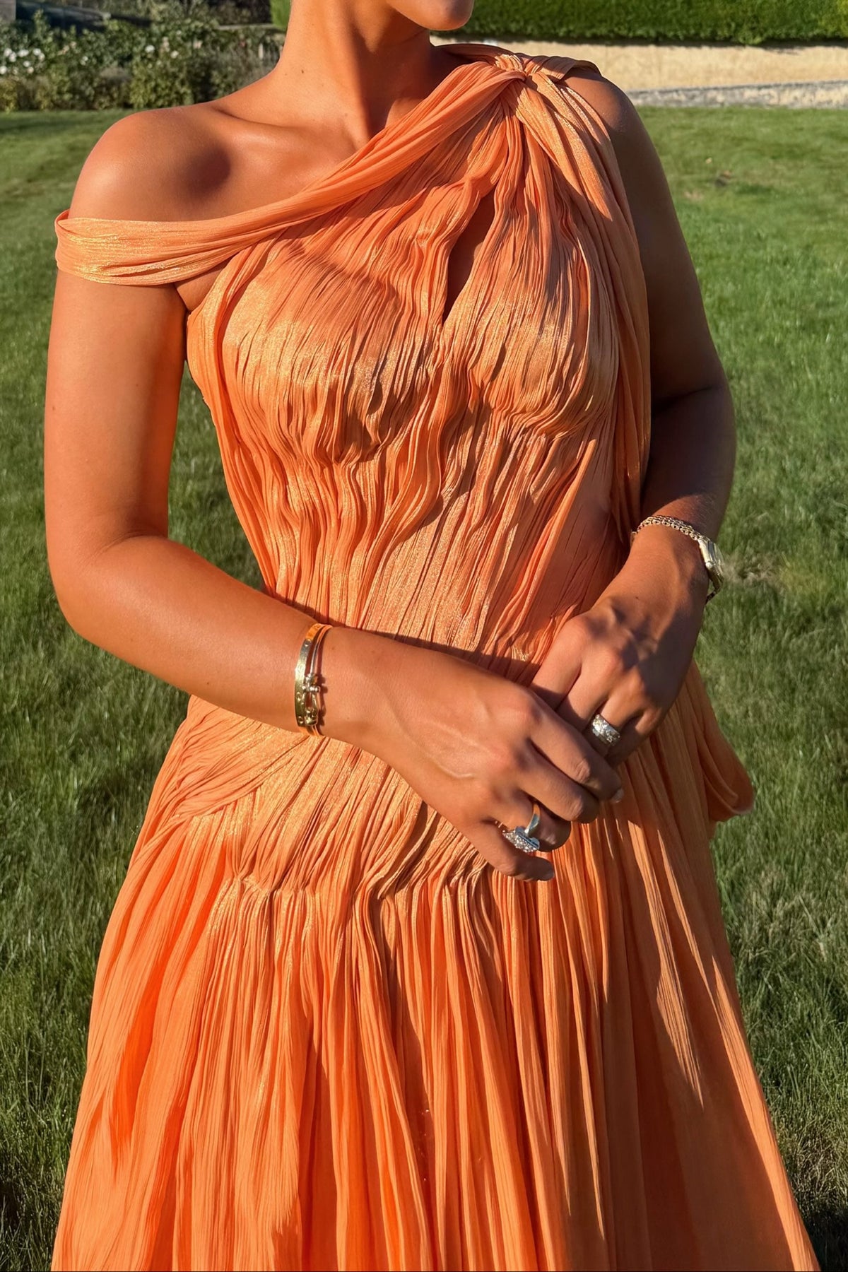 Pleated One-Shoulder Evening Gown with Drape