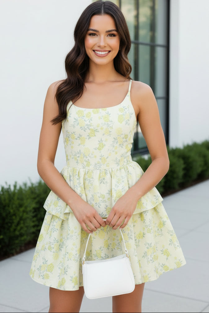 Spaghetti Strap Tiered Floral Jacquard Mini Dress