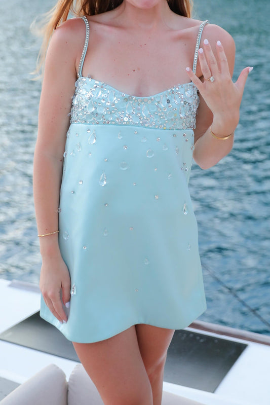 Embellished Shift Mini Dress with Lace-Up Back
