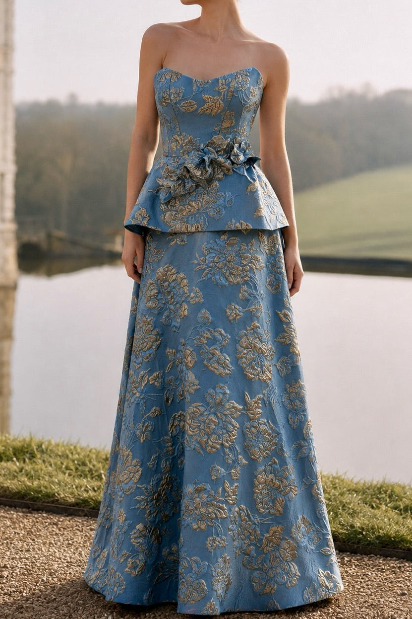 Strapless Floral Jacquard Peplum Evening Gown
