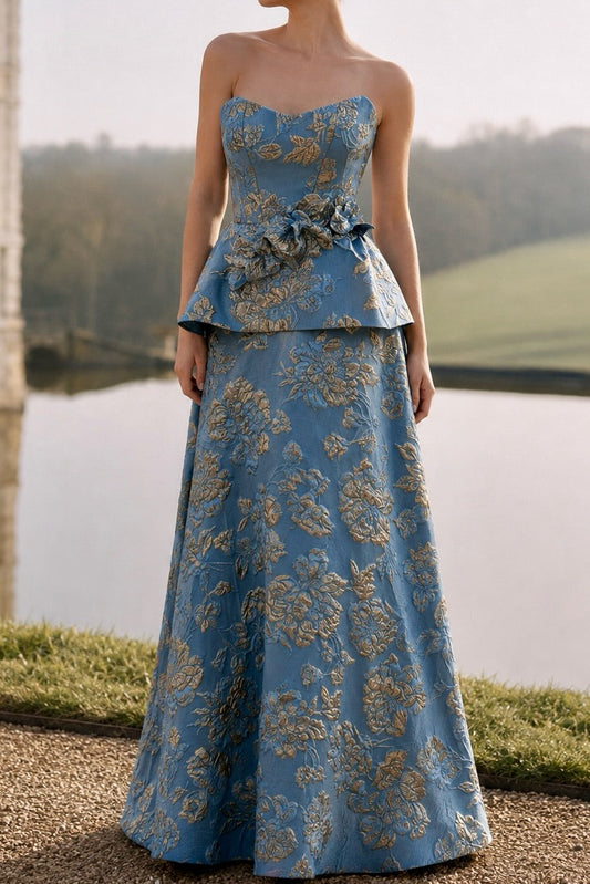 Strapless Floral Jacquard Peplum Evening Gown