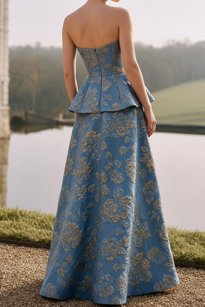 Strapless Floral Jacquard Peplum Evening Gown