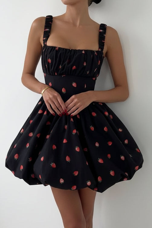 Strawberry Print Bubble Skirt Mini Dress, Square Neck