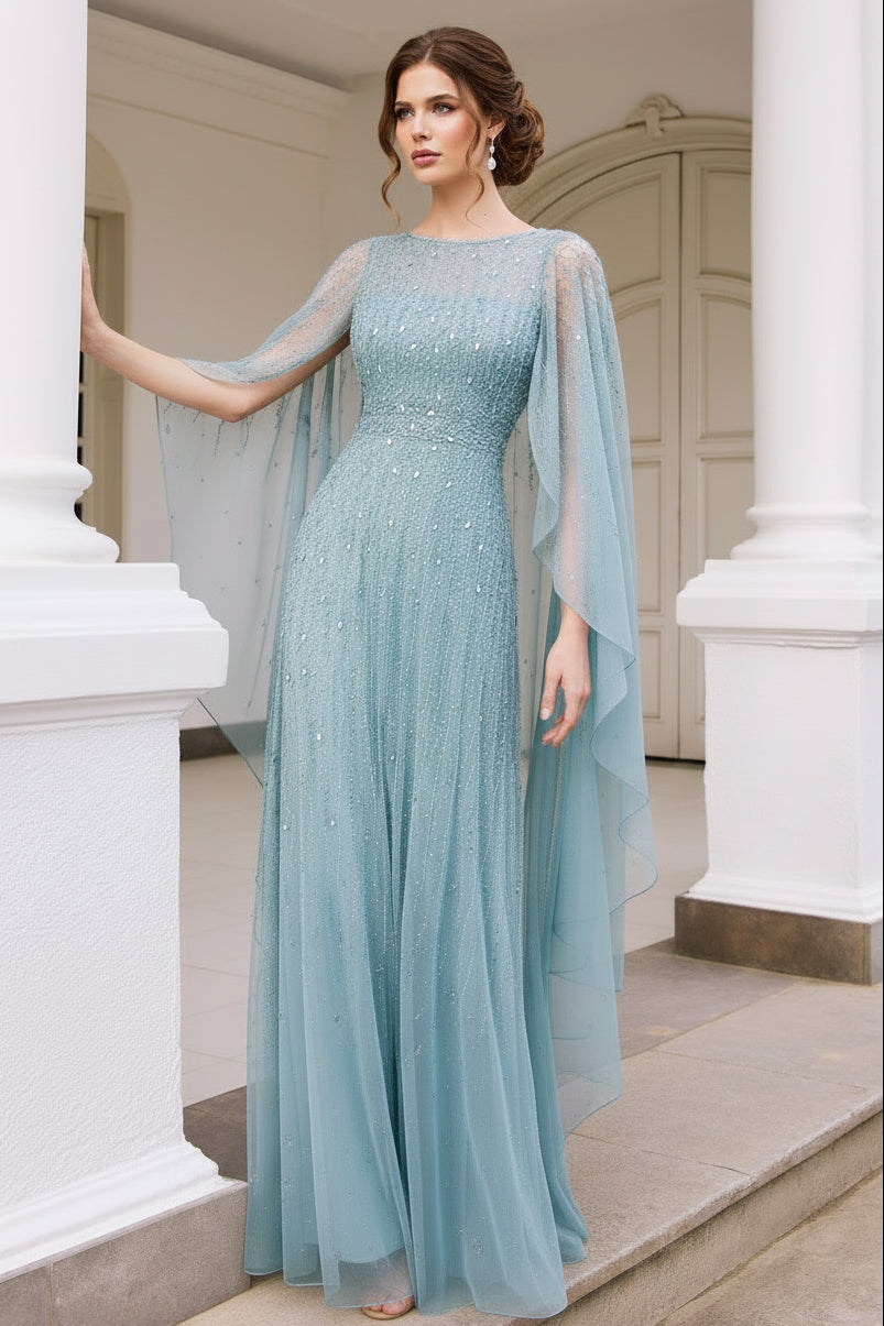 Beaded Cape Sleeve Evening Gown