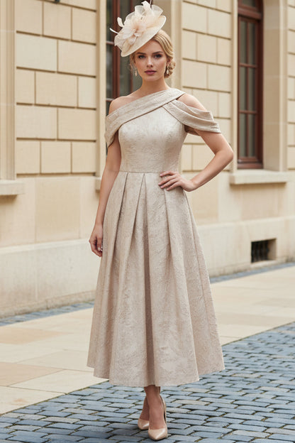 Off-the-Shoulder Pleated Jacquard Midi Dress