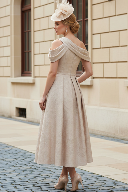 Off-the-Shoulder Pleated Jacquard Midi Dress