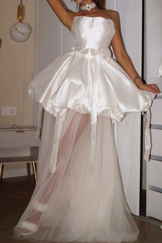 Strapless Bubble Skirt Gown with Sheer Tulle