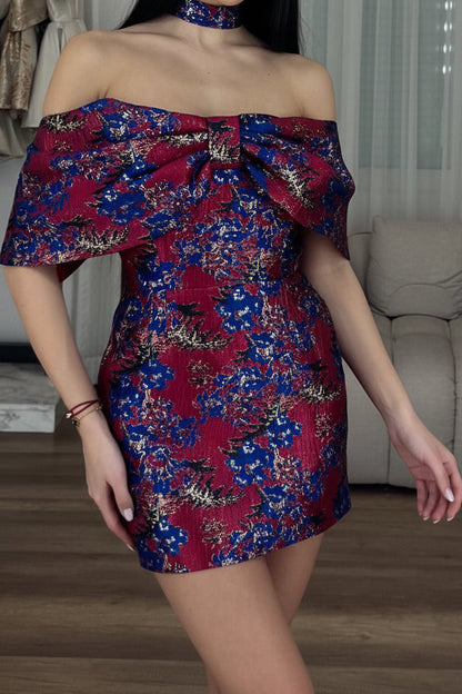 Metallic Jacquard Off-the-Shoulder Bow Mini Dress