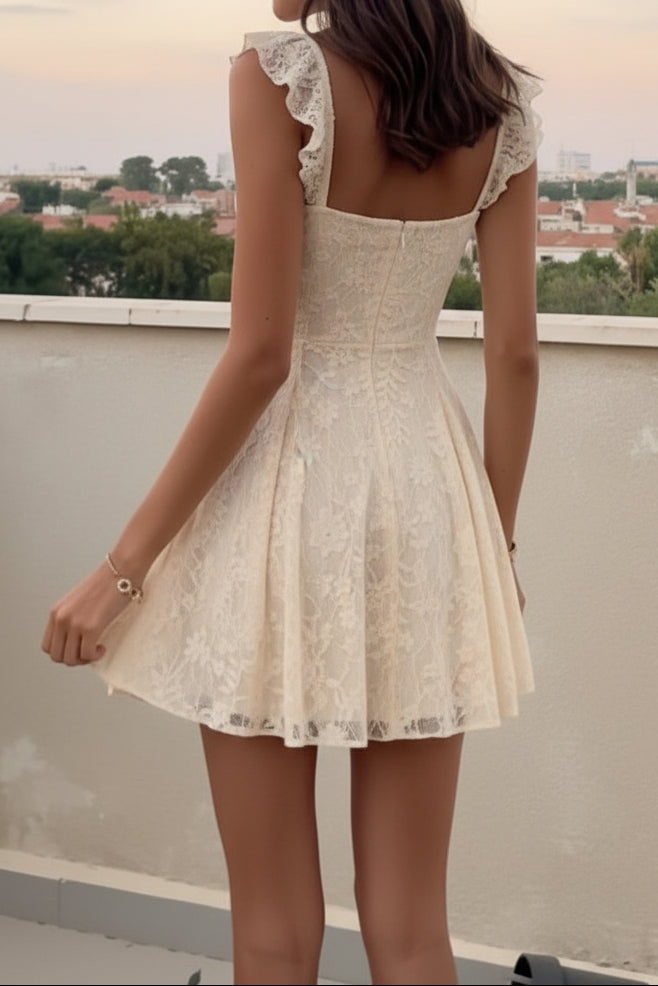 Sweetheart Neck Ruched Lace A-Line Mini Dress