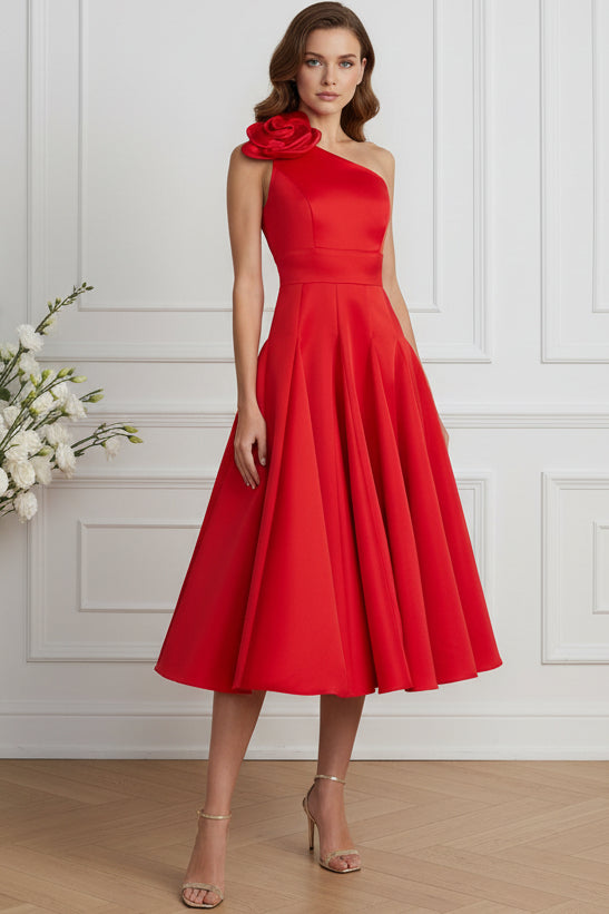 One-Shoulder 3D Flower Pleated Midi Dress