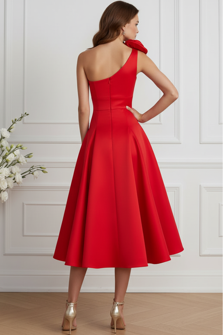 One-Shoulder 3D Flower Pleated Midi Dress