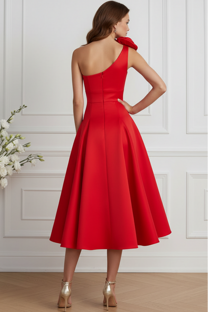 One-Shoulder 3D Flower Pleated Midi Dress