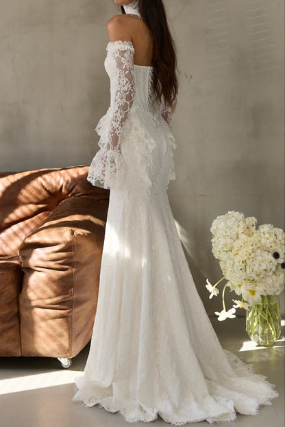 Off-Shoulder Lace Corset Wedding Dress with Bell Sleeves