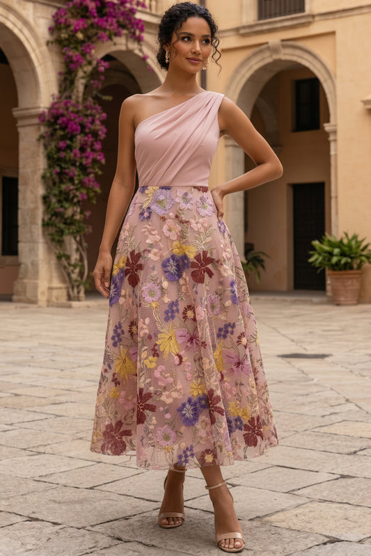 One-Shoulder Embroidered Floral Tea-Length Dress