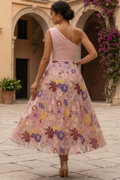 One-Shoulder Embroidered Floral Tea-Length Dress