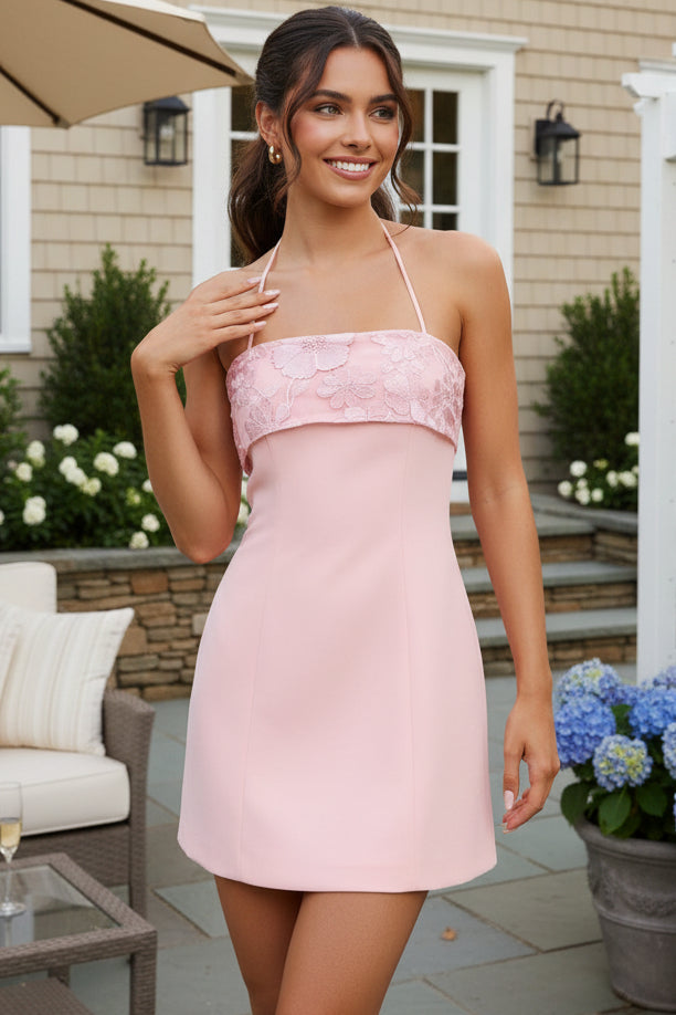 Embroidered Floral Halter Mini Dress