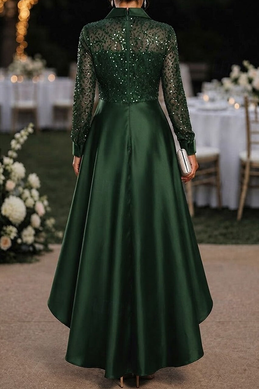 Sequin Shirt Bodice High-Low Satin Evening Dress