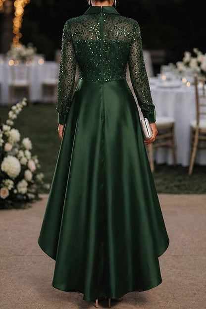Sequin Shirt Bodice High-Low Satin Evening Dress
