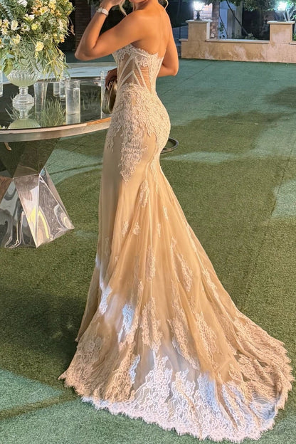 Strapless Lace Mermaid Gown with Corset Bodice