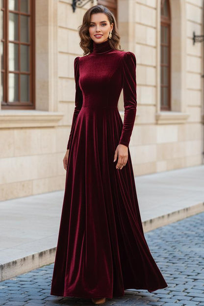 High Neck Velvet A-Line Maxi Dress with Long Sleeves