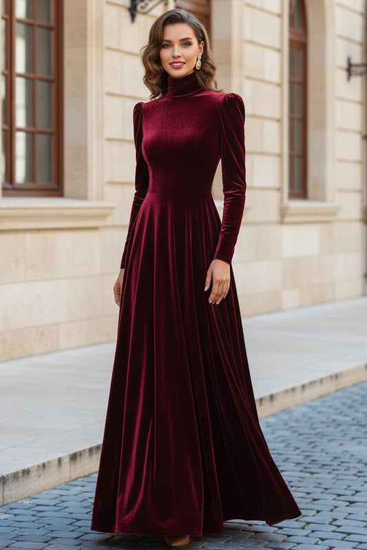 High Neck Velvet A-Line Maxi Dress with Long Sleeves