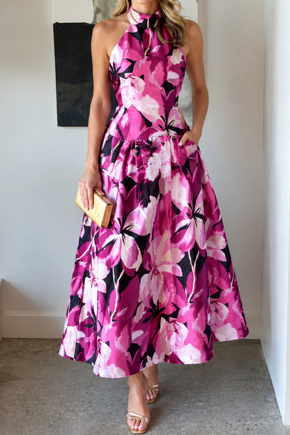 Floral Halter Midi Dress with A-Line Skirt