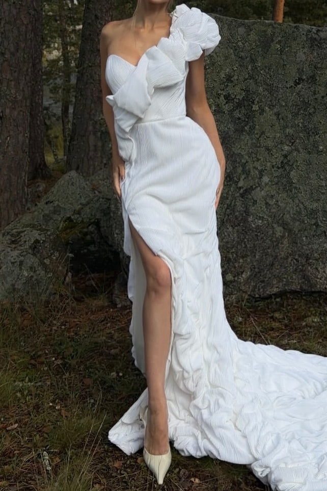 One-Shoulder Textured Gown with Slit and Train