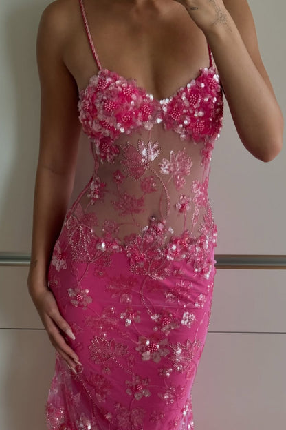 Floral Sequin Illusion Mermaid Gown with Spaghetti Straps
