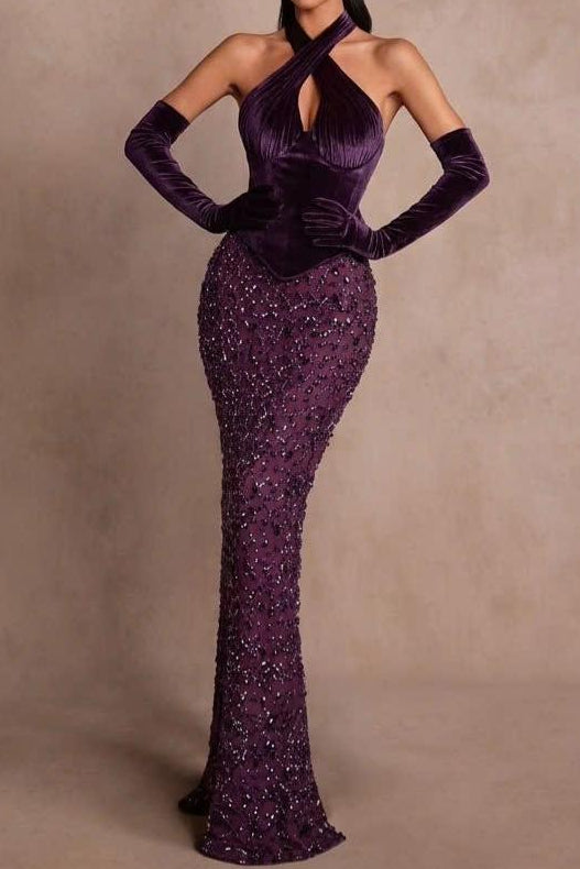 Crisscross Halter Keyhole Sequin Mermaid Gown