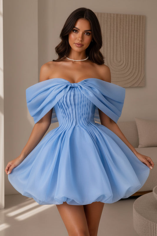 Off-Shoulder Pleated Corset Bubble Mini Dress
