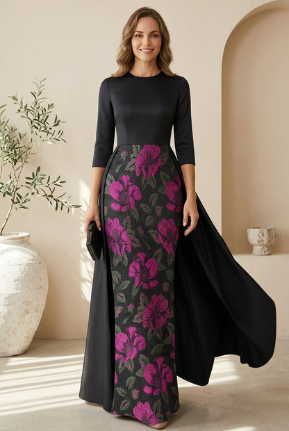 Floral Column Evening Gown with Overskirt