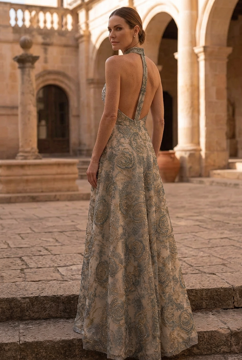 Halter High-Neck Embroidered A-Line Evening Gown