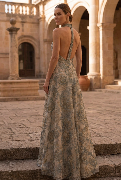 Halter High-Neck Embroidered A-Line Evening Gown