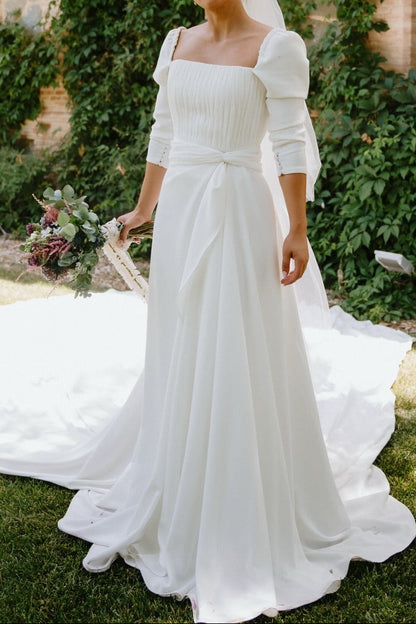 Square Neck A-Line Crepe Wedding Dress with Train