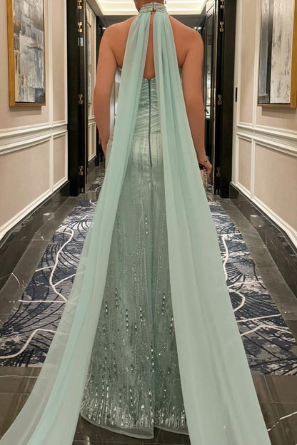 Halter Neck Beaded Column Evening Gown with Cape