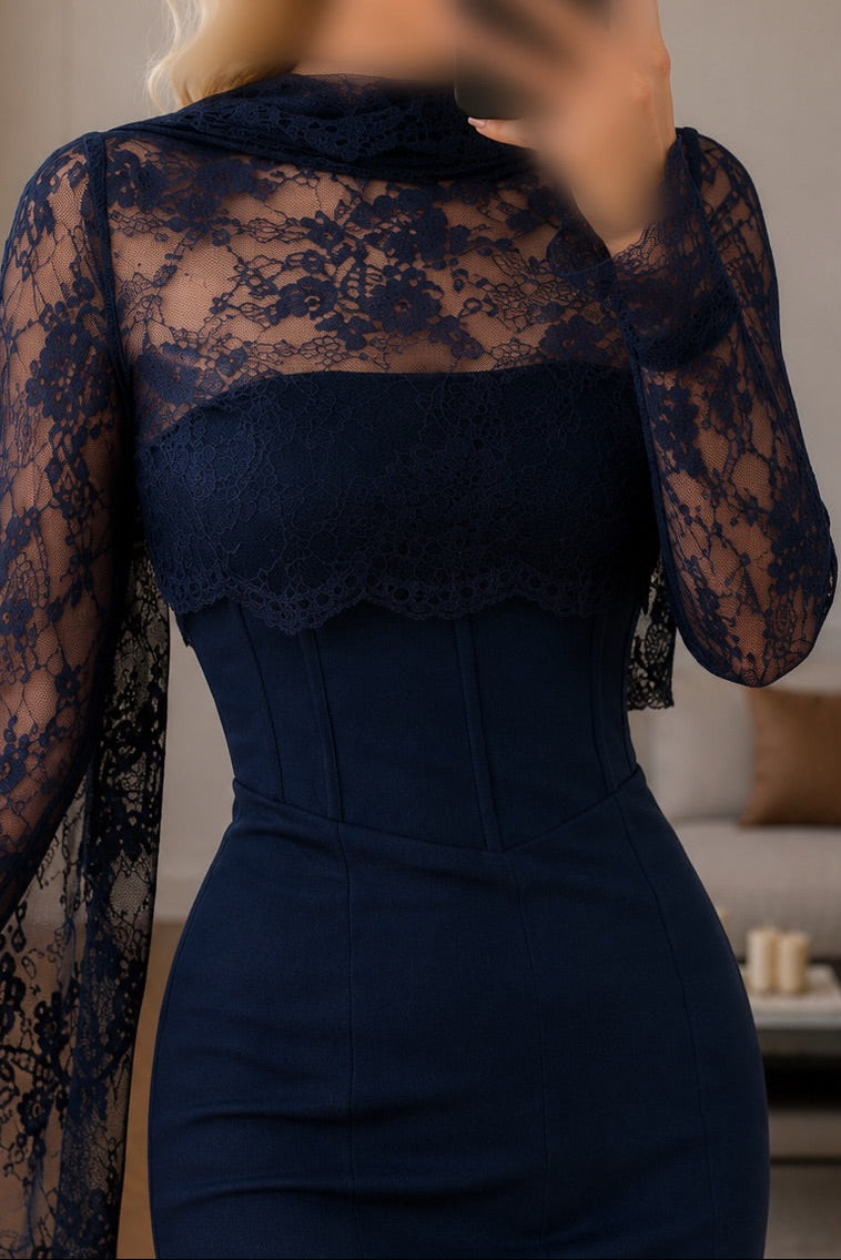 Lace Bell Sleeve Mermaid Midi Dress with Corset Waist