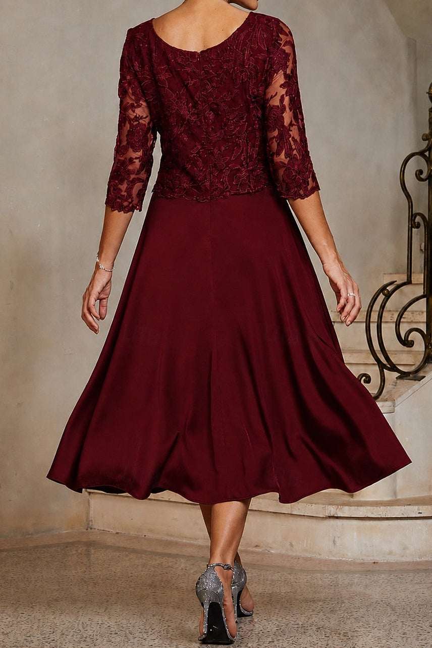 Elegant Lace 3/4-Sleeve Tea-Length Dress