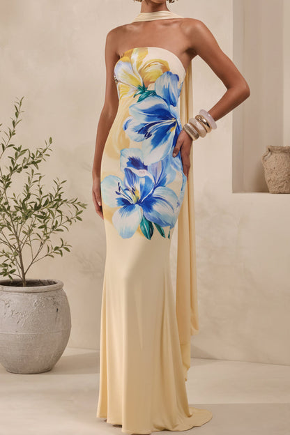 Strapless Floral Print Maxi Dress with Neck Drape