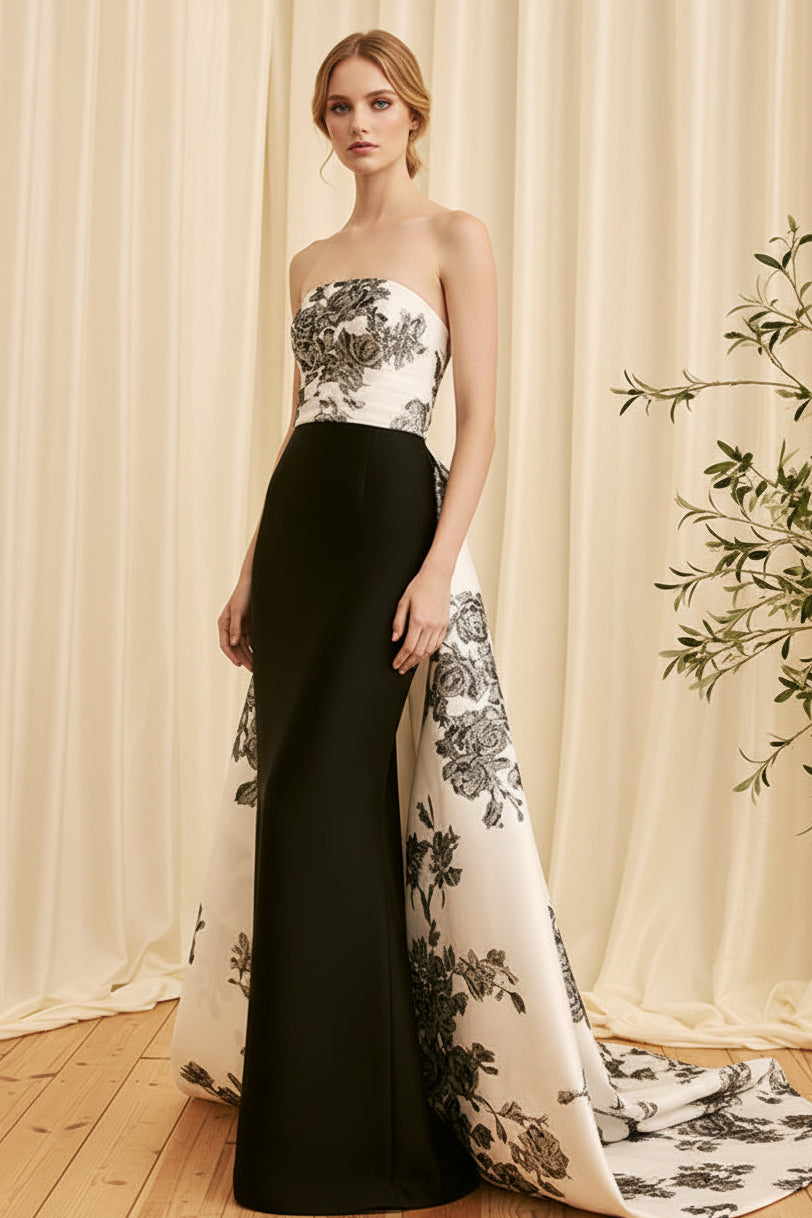 Strapless Column Gown with Floral Bodice & Overskirt