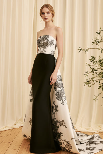 Strapless Column Gown with Floral Bodice & Overskirt