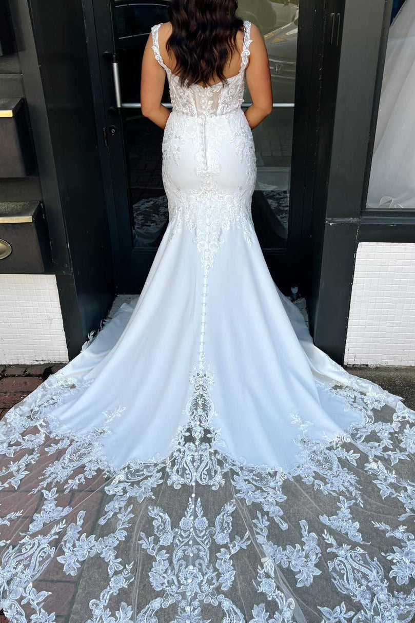 Lace Bodice Mermaid Wedding Dress with Illusion Train