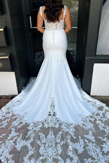 Lace Bodice Mermaid Wedding Dress with Illusion Train