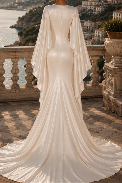 Satin Plunging Mermaid Wedding Dress with Cape