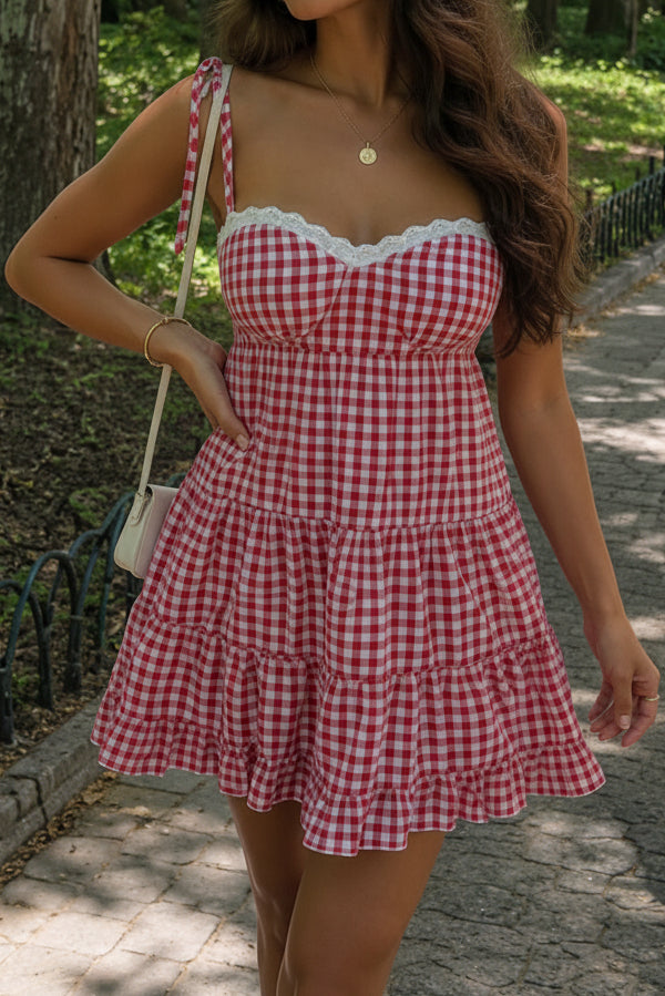 Gingham Tiered Mini Dress with Sweetheart Neckline
