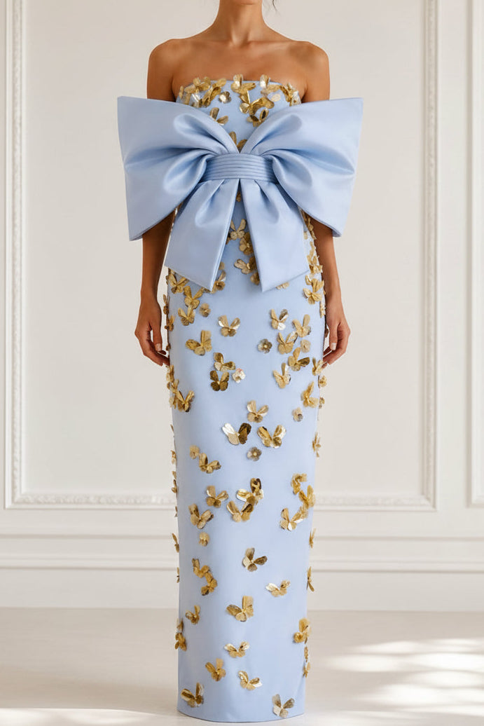 Strapless Column Gown with Oversized Bow and Gold Florals